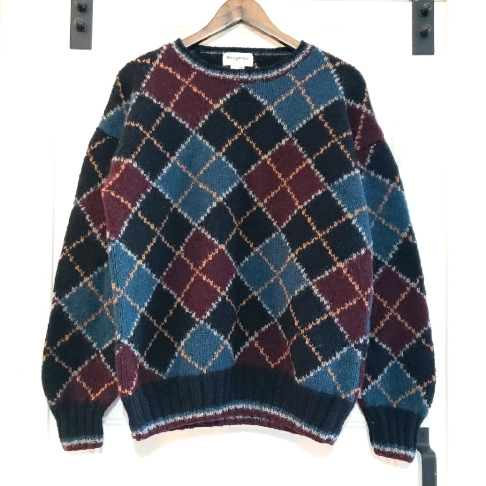 Vtg Magnolia L Wool Argyle Diamond Sweater Crewneck Pullover Knit Classic Top